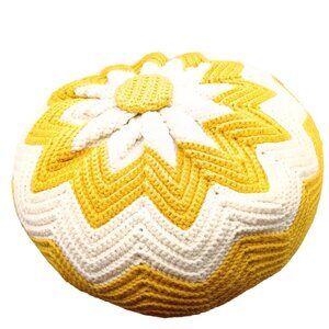 Vintage Hand-Crocheted Yellow & White Zigzag Flower Pouf Cushion Throw Decor